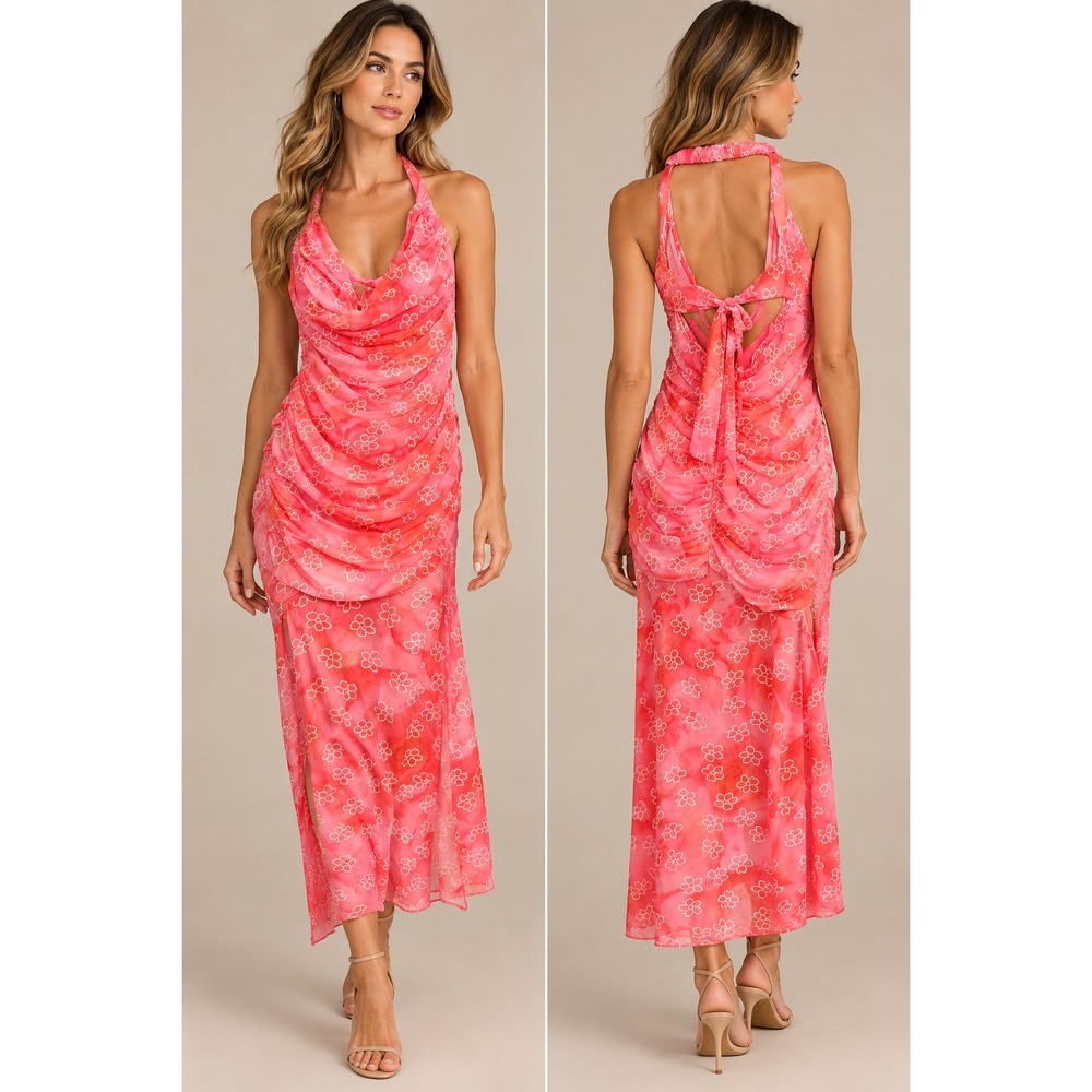 Hello Molly Women Midi Dress 8 Pink Floral Halter Cowl Neck Open Back Slit